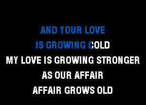 AND YOUR LOVE
IS GROWING COLD
MY LOVE IS GROWING STRONGER
AS OUR AFFAIR
AFFAIR GROWS OLD