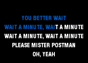 YOU BETTER WAIT
WAIT A MINUTE, WAIT A MINUTE
WAIT A MINUTE, WAIT A MINUTE
PLEASE MISTER POSTMAH
OH, YEAH