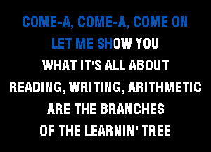 COME-A, COME-A, COME ON
LET ME SHOW YOU
WHAT IT'S ALL ABOUT
READING, WRITING, ARITHMETIC
ARE THE BRANCHES
OF THE LEARHIH' TREE