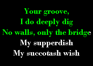 Your groove,
I do deeply dig
N0 walls, only the bridge
My supperdish
My succotash Wish
