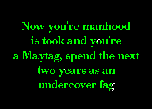 NOW you're manhood
is took and you're
a Maytag, spend the next
two years as an
undercover fag