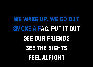 WE WAKE UP, WE GO OUT
SMOKE A FAG, PUT IT OUT
SEE OUR FRIENDS
SEE THE SIGHTS
FEEL ALRIGHT