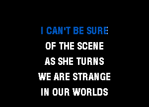I CAN'T BE SURE
OF THE SCENE

AS SHE TURNS
WE ARE STRANGE
IN OUR WORLDS