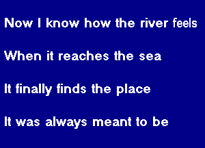 Now I know how the river feels

When it reaches the sea

It finally finds the place

It was always meant to be
