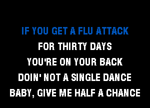 IF YOU GET A FLU ATTACK
FOR THIRTY DAYS
YOU'RE ON YOUR BACK
DOIH' NOT A SINGLE DANCE
BABY, GIVE ME HALF A CHANCE