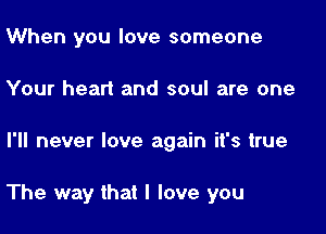 When you love someone
Your heart and soul are one

I'll never love again it's true

The way that I love you