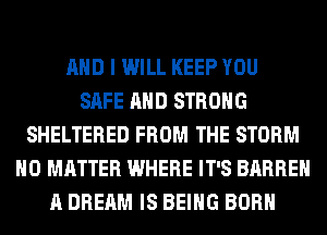 AND I WILL KEEP YOU
SAFE AND STRONG
SHELTERED FROM THE STORM
NO MATTER WHERE IT'S BARREH
A DREAM IS BEING BORN