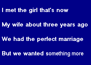 I met the girl that's now
My wife about three years ago
We had the perfect marriage

But we wanted something more