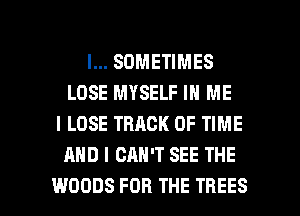 l... SOMETIMES
LOSE MYSELF IN ME
I LOSE TRACK OF TIME
AND I CAN'T SEE THE

WOODS FOR THE TREES l