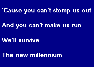 'Cause you can't stomp us out

And you can't make us run

We'll survive

The new millennium