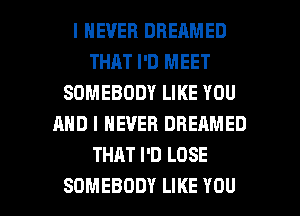 I NEVER DBEAMED
THAT I'D MEET
SOMEBODY LIKE YOU
AND I NEVER DREAMED
THAT I'D LOSE

SOMEBODY LIKE YOU I