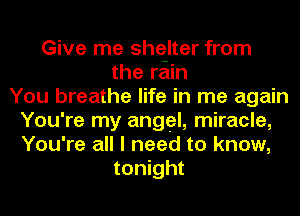 Give me shelter from
the reiin
You breathe life in me again
You're my angel, miracle,
You're all I need to know,
tonight