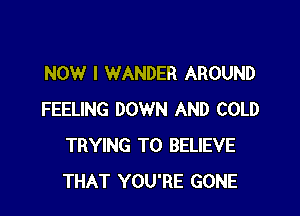 NOW I WANDER AROUND

FEELING DOWN AND COLD
TRYING TO BELIEVE
THAT YOU'RE GONE