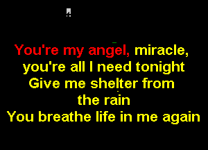 You're my angel, miracle,
you're all I need tonight
Give me shaker from
the rain
You breathe life in me again