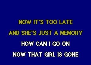 NOW IT'S TOO LATE

AND SHE'S JUST A MEMORY
HOW CAN I GO ON
NOW THAT GIRL IS GONE