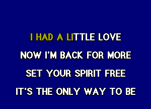 I HAD A LITTLE LOVE

NOW I'M BACK FOR MORE
SET YOUR SPIRIT FREE
IT'S THE ONLY WAY TO BE