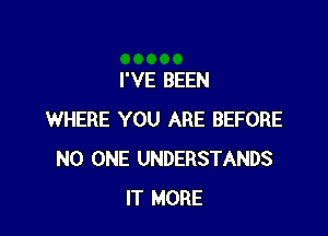 I'VE BEEN

WHERE YOU ARE BEFORE
NO ONE UNDERSTANDS
IT MORE