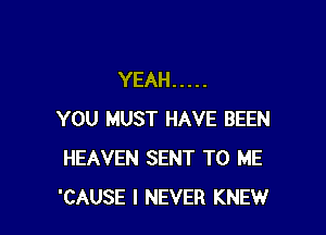 YEAH .....

YOU MUST HAVE BEEN
HEAVEN SENT TO ME
'CAUSE I NEVER KNEW