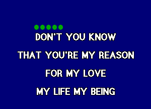 DON'T YOU KNOW

THAT YOU'RE MY REASON
FOR MY LOVE
MY LIFE MY BEING