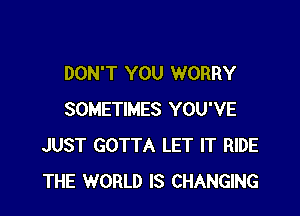 DON'T YOU WORRY

SOMETIMES YOU'VE
JUST GOTTA LET IT RIDE
THE WORLD IS CHANGING