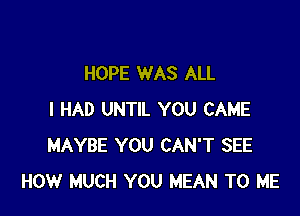 HOPE WAS ALL

I HAD UNTIL YOU CAME
MAYBE YOU CAN'T SEE
HOW MUCH YOU MEAN TO ME