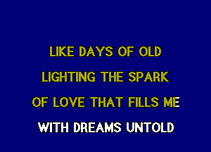 LIKE DAYS OF OLD

LIGHTING THE SPARK
OF LOVE THAT FILLS ME
WITH DREAMS UNTOLD