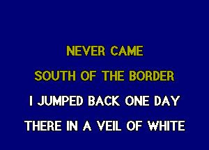 NEVER CAME
SOUTH OF THE BORDER
I JUMPED BACK ONE DAY
THERE IN A VEIL 0F WHITE
