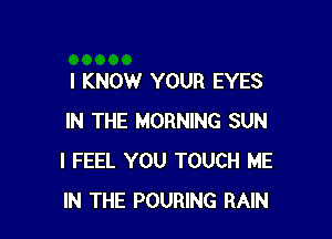 I KNOW YOUR EYES

IN THE MORNING SUN
I FEEL YOU TOUCH ME
IN THE POURING RAIN