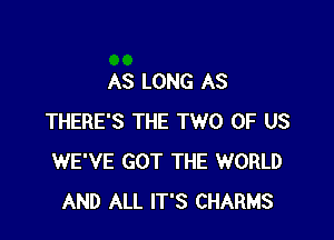 AS LONG AS

THERE'S THE TWO OF US
WE'VE GOT THE WORLD
AND ALL IT'S CHARMS