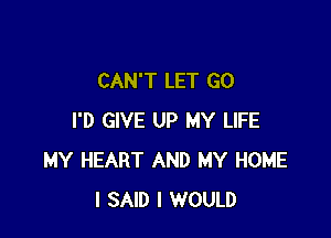 CAN'T LET GO

I'D GIVE UP MY LIFE
MY HEART AND MY HOME
I SAID I WOULD