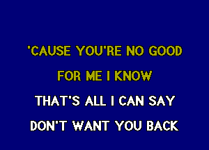 'CAUSE YOU'RE NO GOOD

FOR ME I KNOW
THAT'S ALL I CAN SAY
DON'T WANT YOU BACK