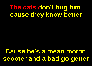 The cats don't bug him
cause they know better

Cause he's a mean motor
scooter and a bad go getter