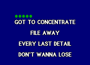 GOT TO CONCENTRATE

FILE AWAY
EVERY LAST DETAIL
DON'T WANNA LOSE