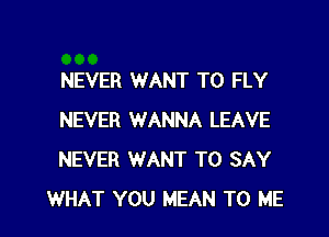 NEVER WANT TO FLY

NEVER WANNA LEAVE
NEVER WANT TO SAY
WHAT YOU MEAN TO ME