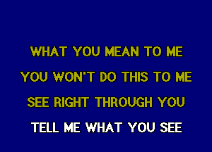 WHAT YOU MEAN TO ME
YOU WON'T DO THIS TO ME
SEE RIGHT THROUGH YOU
TELL ME WHAT YOU SEE