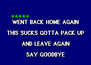 WENT BACK HOME AGAIN

THIS SUCKS GOTTA PACK UP
AND LEAVE AGAIN
SAY GOODBYE