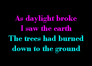 As daylight broke
I saw the earth
The irees had burned

down to the ground