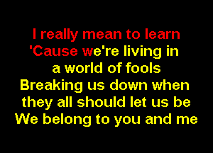 I really mean to learn
'Cause we're living in
a world of fools
Breaking us down when
they all should let us be
We belong to you and me