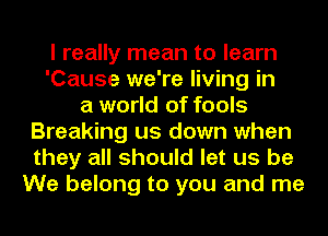 I really mean to learn
'Cause we're living in
a world of fools
Breaking us down when
they all should let us be
We belong to you and me