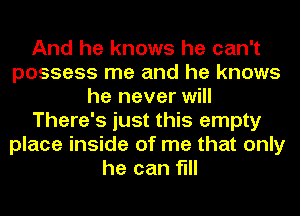 And he knows he can't
possess me and he knows
he never will
There's just this empty
place inside of me that only
he can fill