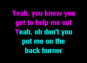 Yeah, you know you
got to help me out

Yeah, oh don't you
put me on the
back burner