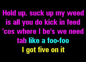 Hold up, suck up my weed
is all you do kick in feed
'cos where I he's we need
tab like a foo-foo
I got five on it