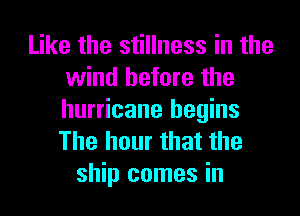 Like the stillness in the
wind before the
hurricane begins
The hour that the

ship comes in