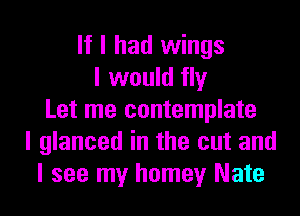 If I had wings
I would fly
Let me contemplate
I glanced in the cut and
I see my homey Nate