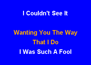 l Couldn't See It

Wanting You The Way

That I Do
I Was Such A Fool