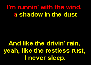 I'm runnin' with the wind,
a shadow in the dust

And like the drivin' rain,
yeah, like the restless rust,
I never sleep.