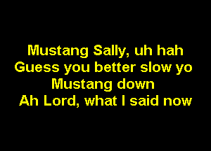 Mustang Sally, uh hah
Guess you better slow yo

Mustang down
Ah Lord, what I said now