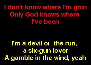 I don't know where I'm goin
Only God knows where
I've been

I'm a devil DI the run,
a six-gun lover
A gamble in the wind, yeah