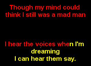 Though my mind could
think I still was a mad man

I hear the voices when I'm
dreaming
I can hear them say.