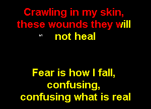 Crawling in my skin,
these wounds they will
not heal

Fear is how I fall,
confusing,
confusing what is real